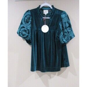 NWT Umgee Velvet Top Women Small Green Embroidered Puff Sleeves MSRP 64.00